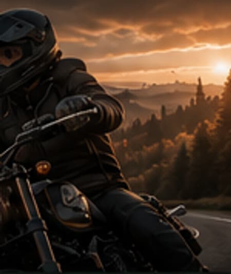 Motorrijder op een bosweg in het laatste licht van de dag
